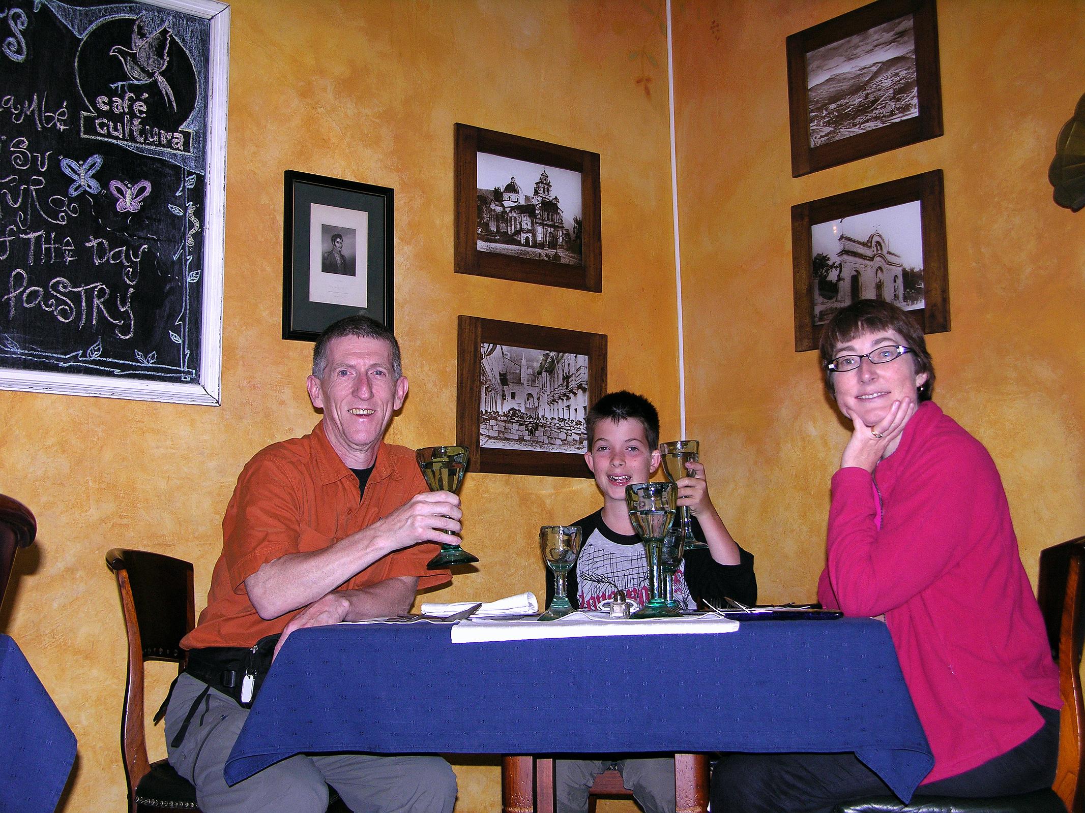 Ecuador Quito 02-11 Jerome Ryan, Peter Ryan, and Charlotte Ryan Enjoying Lunch At Cafe Cultura